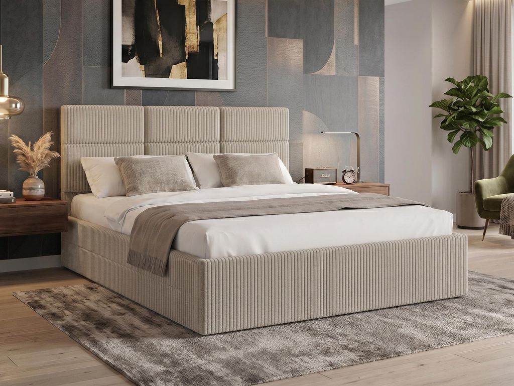 Polsterbett PINO 140x200 cm BEIGE mit Bettkasten und Metall Produktbild 