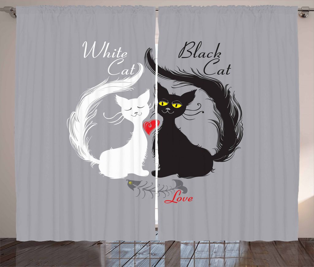 ABAKUHAUS Katze Rustikaler Vorhang, paar Fishbone, Wohnzimmer Universalband Gardinen mit Schlaufen und Haken, 280 x 245 cm, Schwarz Weiß Grau