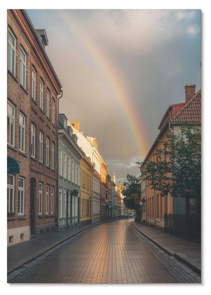 POSTER - 42x59 cm (A2) - Zeus - Bunte Mietshäuser, Regenbogen, bewölkter Himmel - Wandbild für Wohnzimmer Schlafzimmer & Flur, Modernes Poster W...