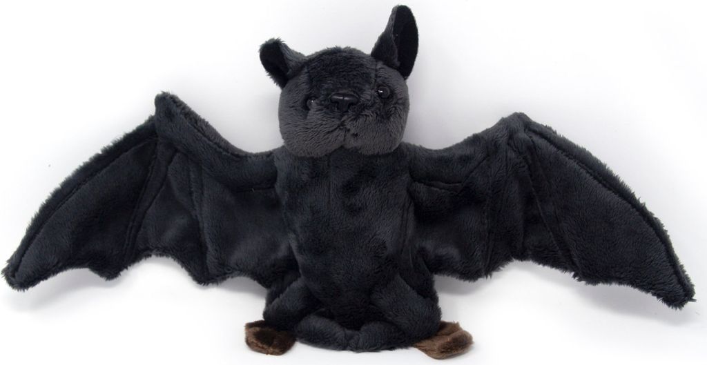 A plush toy bat is shown against a white background.