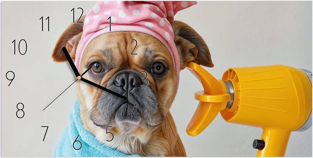 Wanduhr aus Glas mit Motiv Hund mit Badehandtuch- 60 x 30 cm - inkl. Aufhängesystem