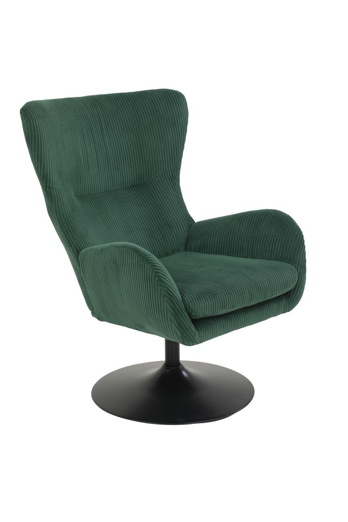 A green armchair with a black base on a white background.