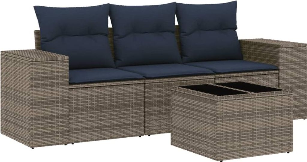 4-teiliges Gartensofa-Set mit Kissen, grau, Polyrattan