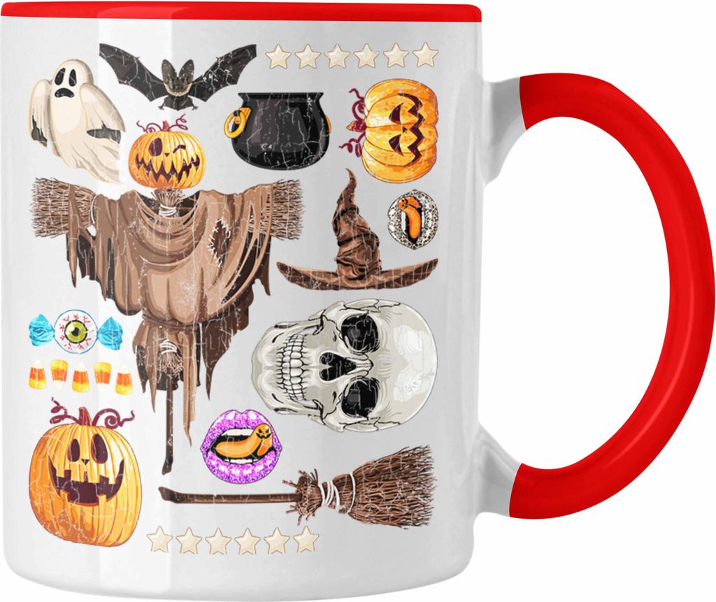 Trendation - Halloween Tasse Kürbis Dekoration Becher Geister Fledermaus Totenkopf Hexe Grusel (Rot)