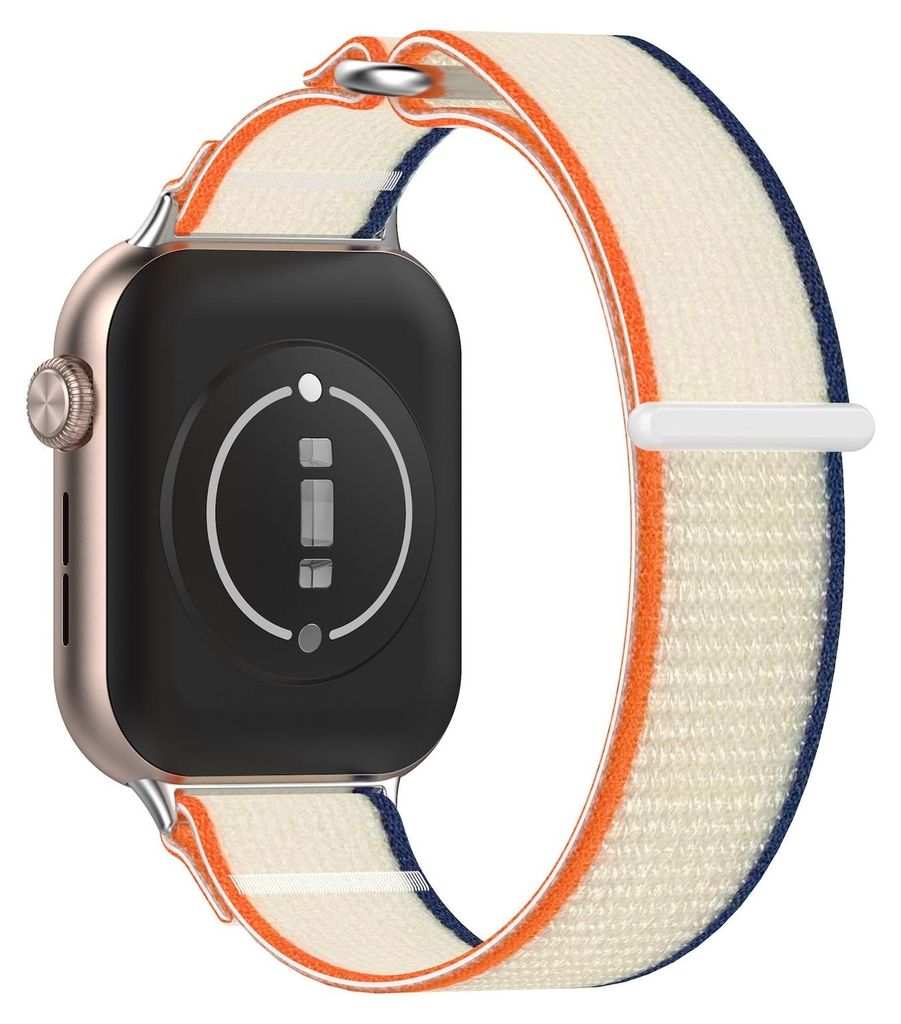 The back of a smartwatch with a fabric strap.