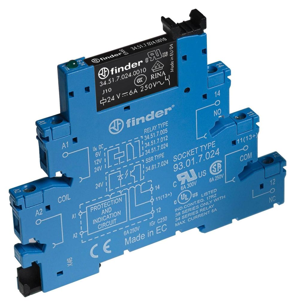 Relais de couplage Finder 24 V CA/CC, 1 inverseur 6 A, Image du produit 