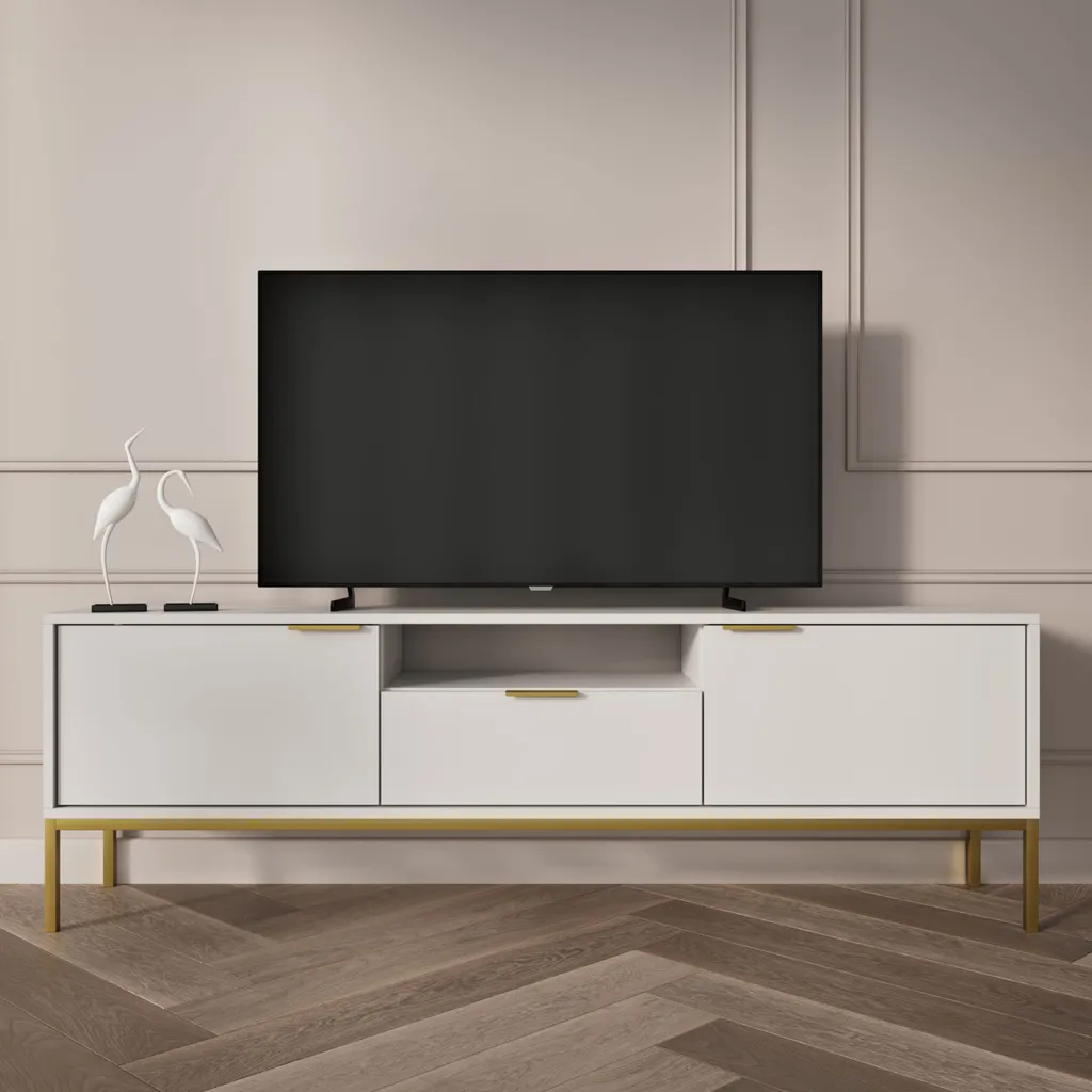Meuble TV moderne blanc 135 cm avec pieds dorés - Buffet élégant RTV