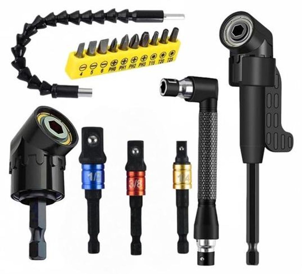 17 flexibele Verlängerstücke für Bohrmaschinen, darunter 3 drehbare Adapter, 2 sechskantige 105° schräge Bohrmeißel, 10 kurze Schraubendrehme...