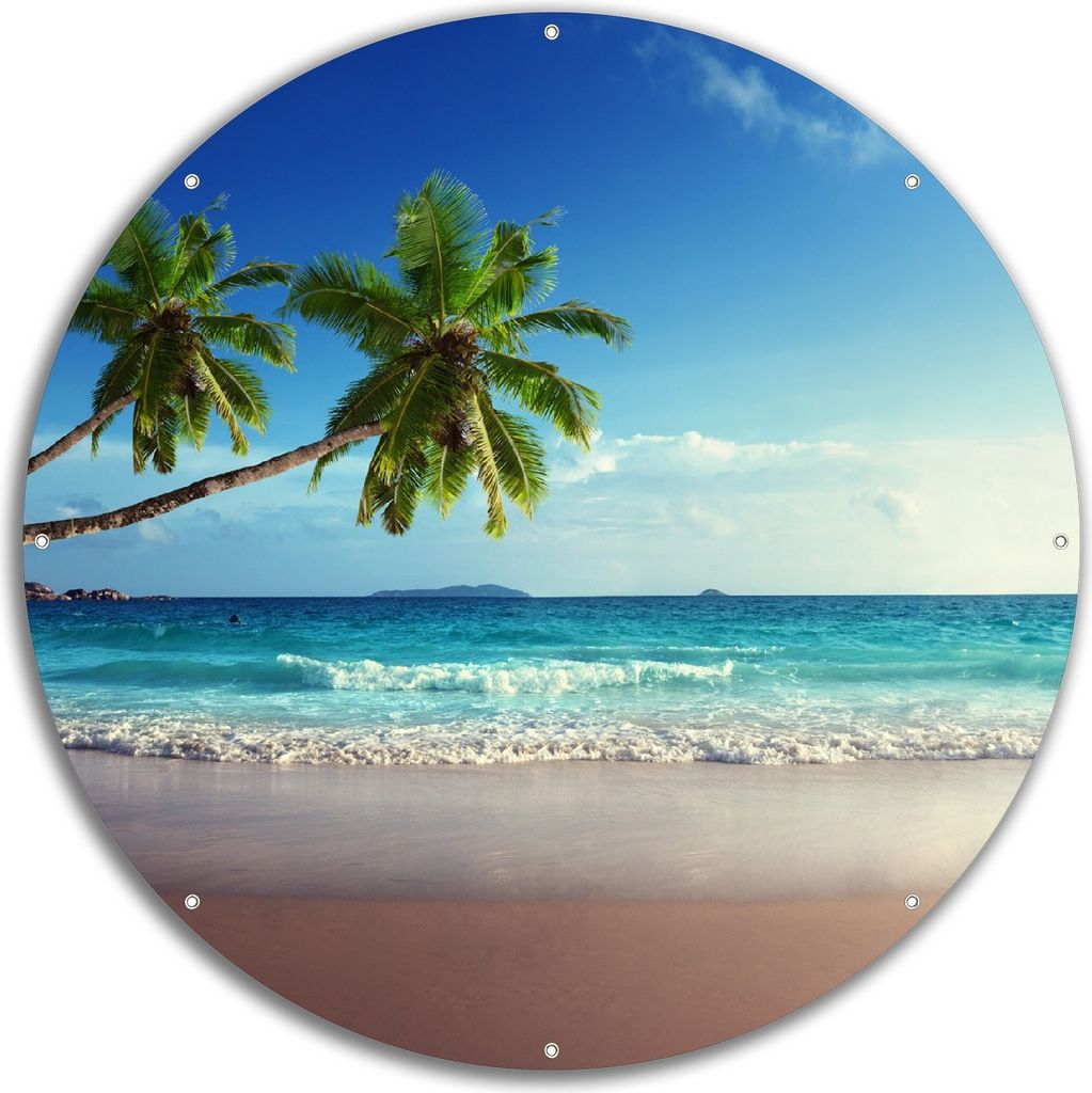 Wallario rundes Outdoor-Poster für Garten oder Balkon, Motiv Sandstrand auf den Seychellen - Urlaub unter Palmen, 60 cm Durchmesser