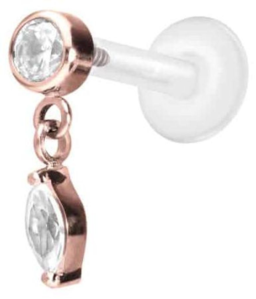 Ohrpiercing, Nasenpiercing PTFE Labret mit Innengewinde + Titan-Aufsatz KRISTALL + KRISTALLTROPFEN RoséGold Stablänge: 6mm | Stabstärke: 1,2mm