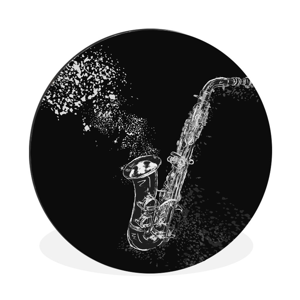 MuchoWow Aluminium Wandkreis Illustration eines Saxophons - schwarz und weiß Ø 30 cm Wanddeko Modern Wohnzimmer - Wand Bild - Wohnzimmer - Rund...