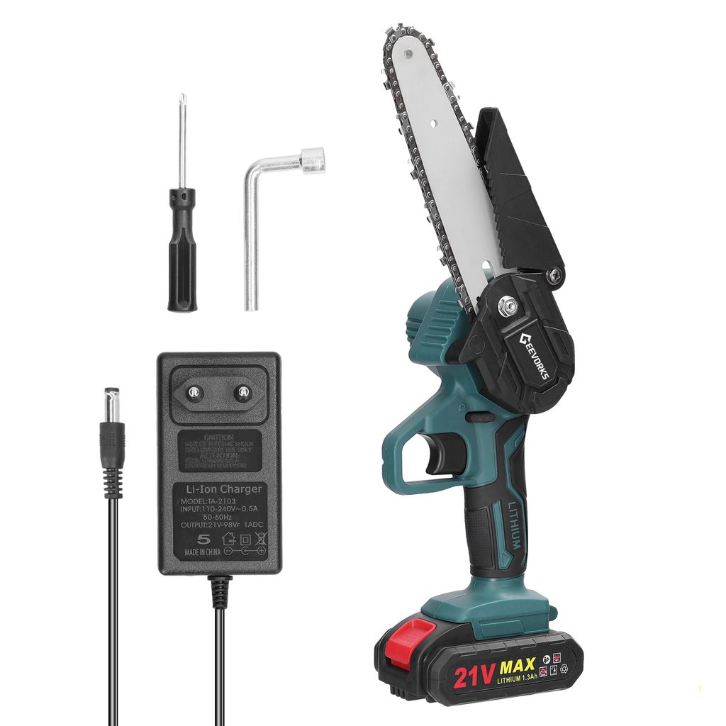 Mini Kettensäge, 6 Zoll 21V Elektro-Kettensäge, Geevorks Tragbare Handgeführte Akku Kettensäge mit 1 x 1300mAh Batterie und 1 x Ladegerät fü...