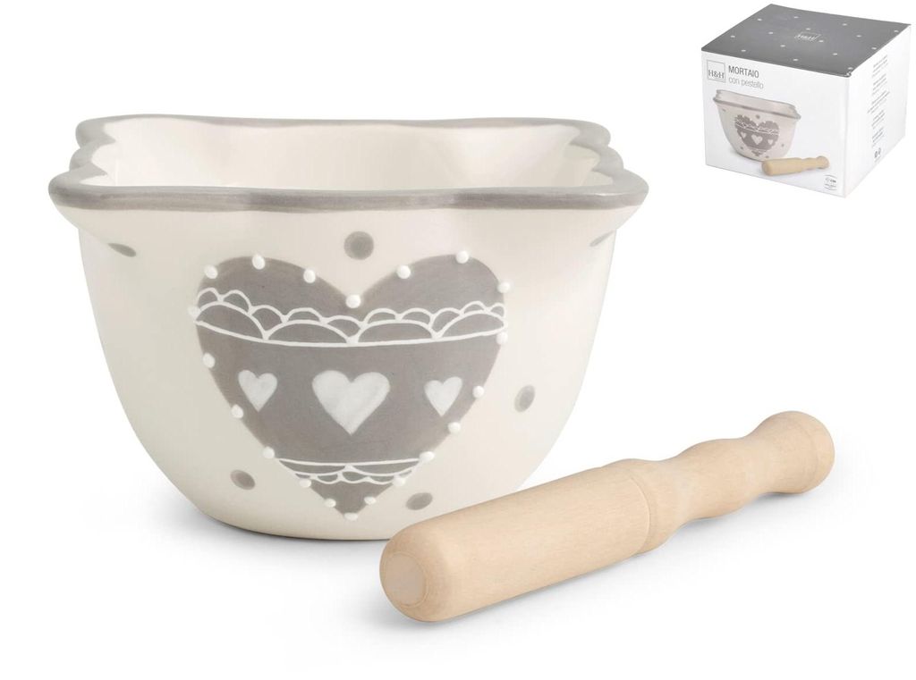 H&H Keramikmörser in Herzform, grau, mit Holzstößel