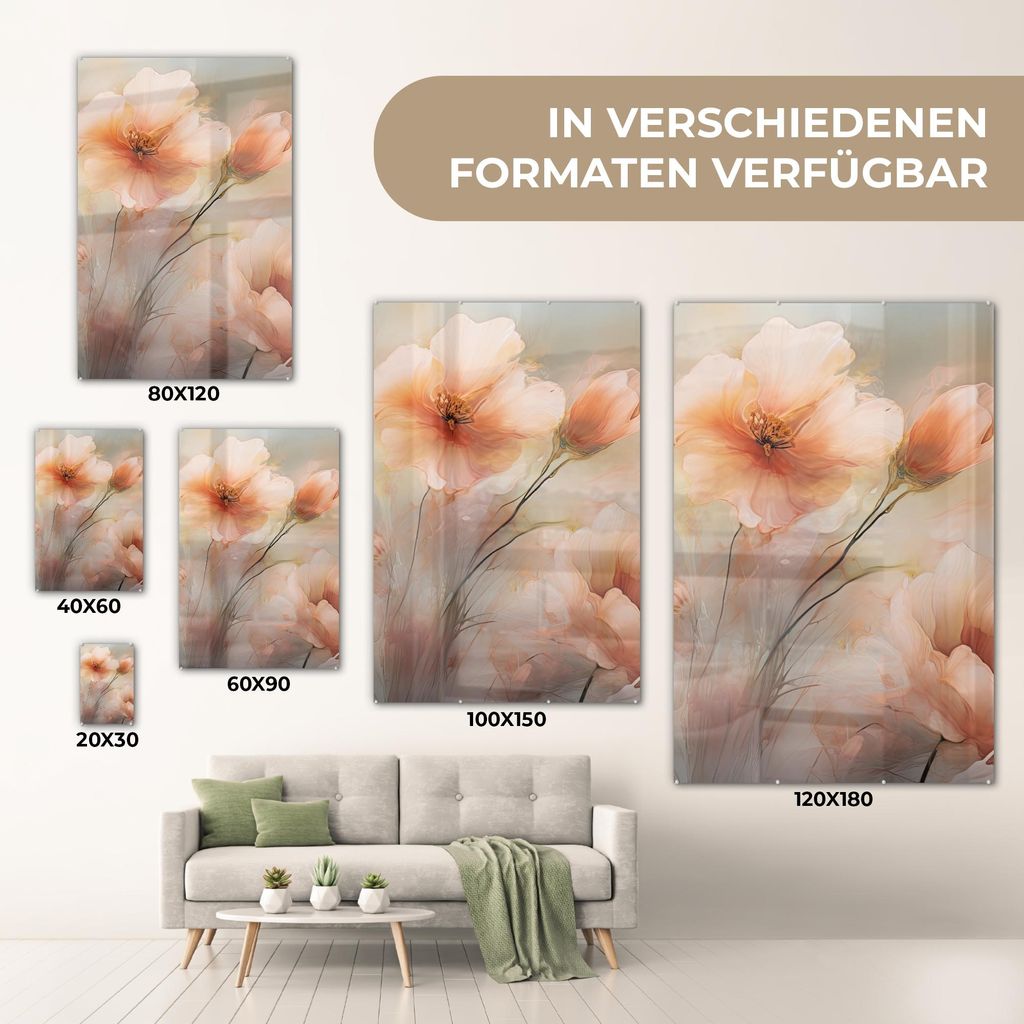 MuchoWow Glasbilder - Bilder auf Wandbild - Foto auf Glas Blumen - Pastell - Kunst - Mohnblumen - Aquarell 20x30 cm Wanddekoration aus Glas - Acryl...