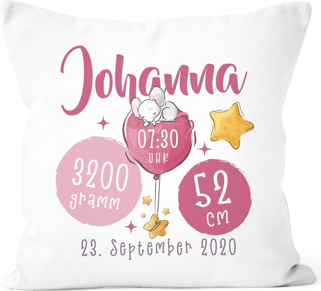 personalisierbarer Kissen-Bezug zur Geburt Luftballon Sterne Geburtskissen, Namenskissen Geschenk Geburt Mädchen SpecialMe weiß 40cm x 40cm