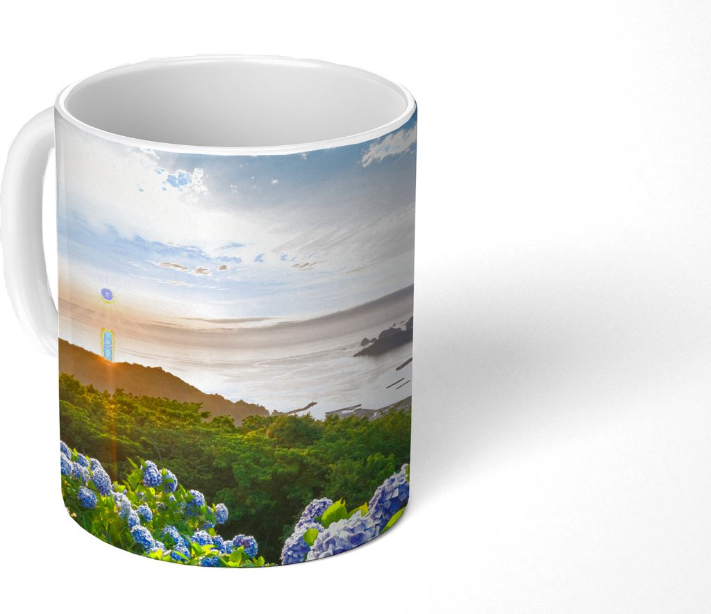MuchoWow Tasse Kaffeetasse Kaffeebecher 350 ml Sonnenuntergang über Hortensienblüten Teetasse - Fototasse - Becher - Keramikbecher - Teebecher ...