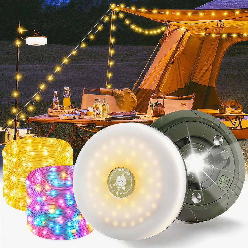 2 er 3-in-1 Camping Lichterkette Aufrollbar,5 Leuchtmodi,3 Modi,Tragbare LED Campinglampe,USB wiederaufladbar Campingleuchte,Lichterketten außen 10m