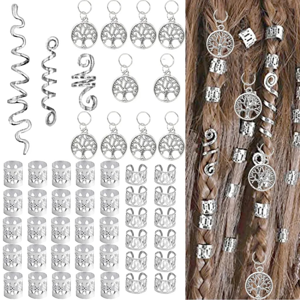 Lot de 50 bijoux de cheveux argentés pour tresses et dreadlocks