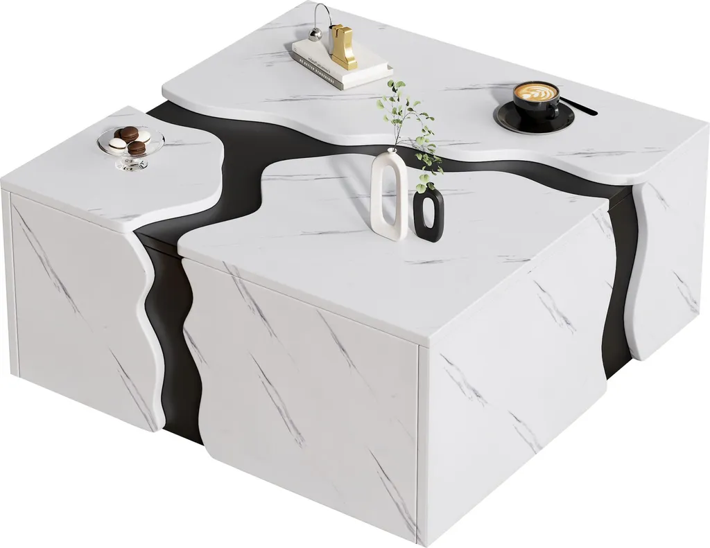 Tavolino da salotto Fortuna Lai, 70 x 70 x 31 cm, design geometrico a forma di cubo, tavolino con cassetto, tavolo con rivestimento in marmo dalla forma unica, tavolino da caffè, tavolino portaoggetti, tavolino da gioco - 9