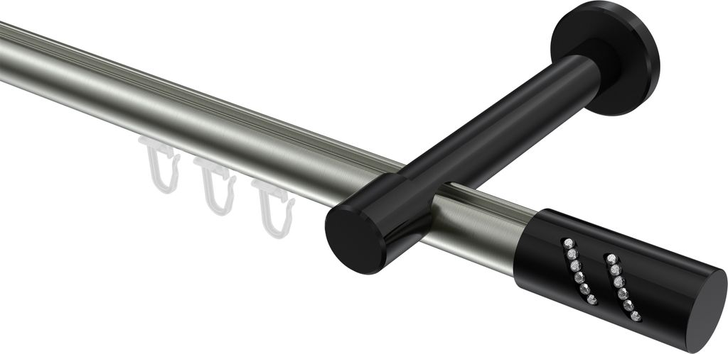 Interdeco Innenlaufstange / Gardinenstange mit Innenlauf Edelstahl-Optik / Schwarz, Typ Prestige Zoena (Glitzerzylinder), 20 mm Ø 1-läufig, 140 cm