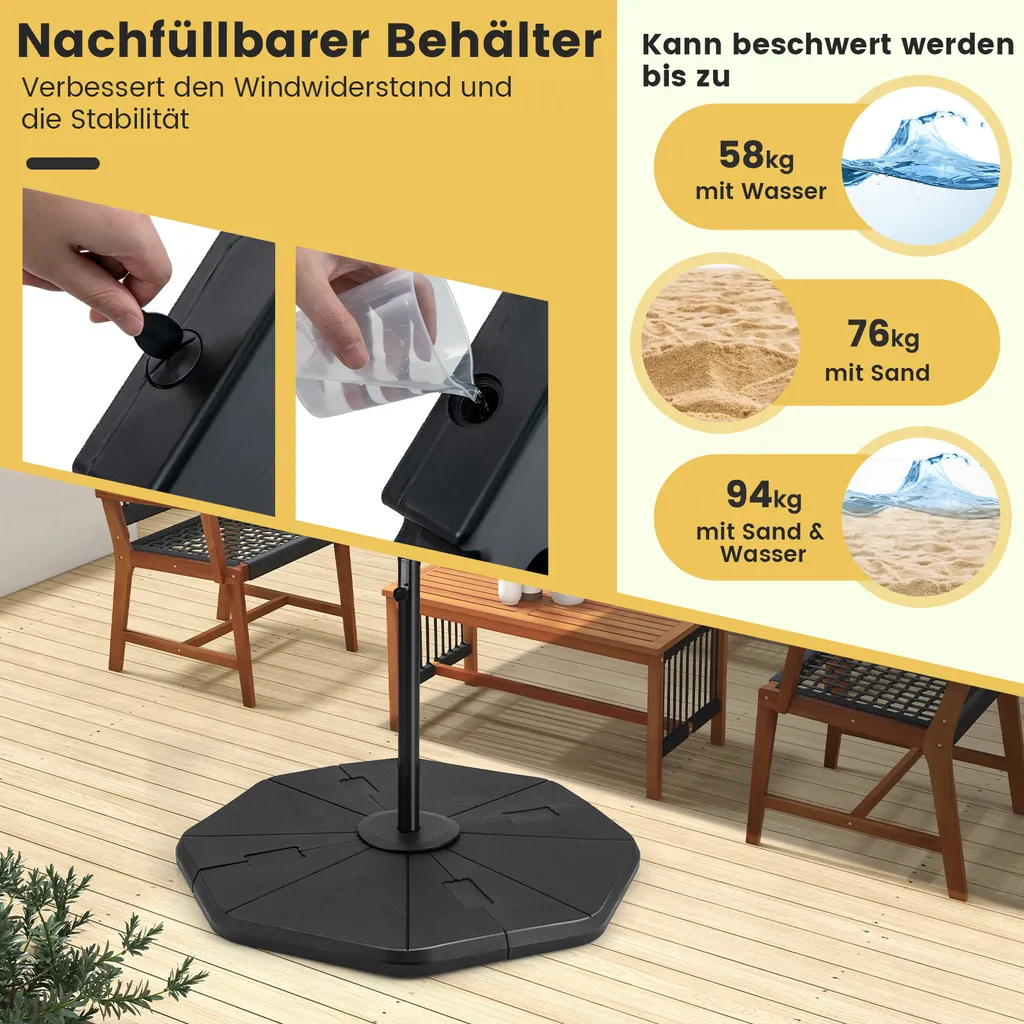 Support parasol de marché 4 segments lestable pour terrasse et jardin