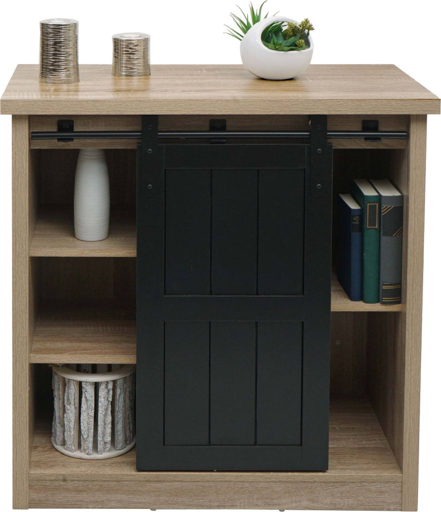 Kommode MCW-K75, Schrank Regal, Schiebetüre 5 Staufächer, Holz-Optik Industrial Metall 84x80x40cm naturfarben