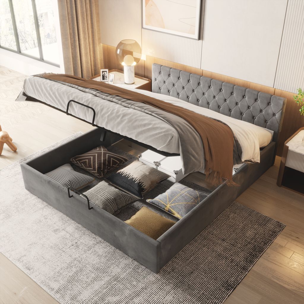MODFU Hydraulisches Boxspringbett 180x200cm mit Bettkasten, Polsterbett mit Lattenrost und Stauraum, Doppelbett aus Samt, Grau(Ohne Matratze)