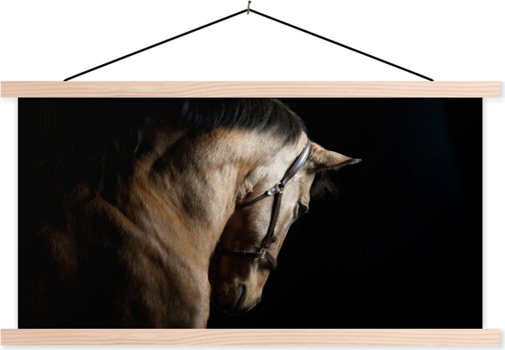 MuchoWow Textilposter Pferde - Halfter - Schwarz 60x30 cm mit holzfarbenen Rahmen - Dekoration