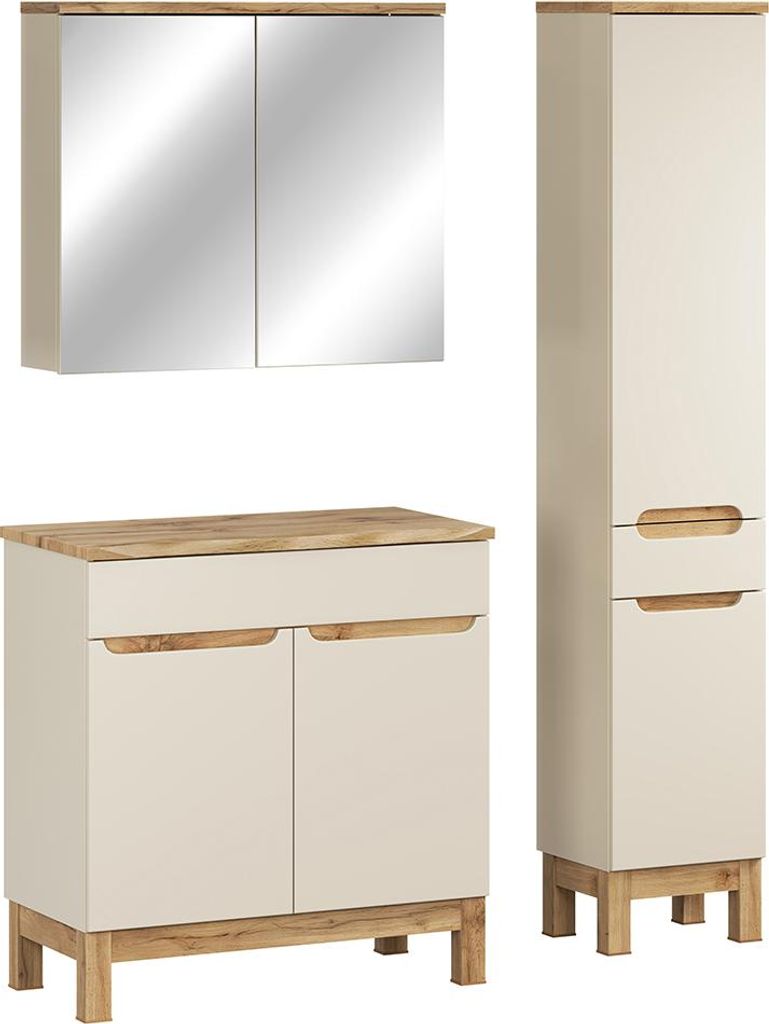 Badmöbel-Set 3-teilig mit 80 cm Waschtischschrank & Spiegelschrank in kaschmir und Eiche mit Baumkantenoptik, modern grifflos - SOLNA-56-CASHMERE