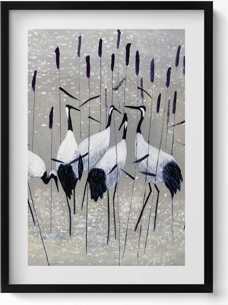 Kraniche im Schilf– Wandbild mit Rahmen – Gerahmtes Bild – Wanddekoration – 50x70 cm – Schwarz Rahmen