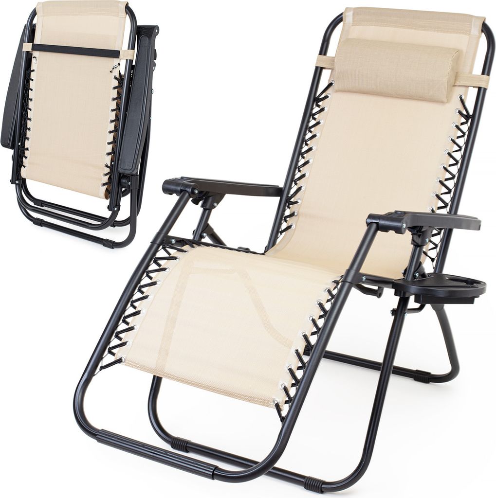 Sonnenliege Zero Gravity Liegestuhl Klappbar mit Getränkehalter und Kissen Verstellbar für Garten Balkon Patio Beige
