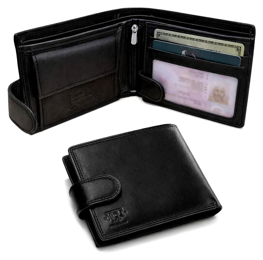 RFID Geldbörse für Herren | 8 Kartenfächer, Münzfach | Echtes Rindsleder | RFID Schutz | 9,5 x 12 cm | Schwarz