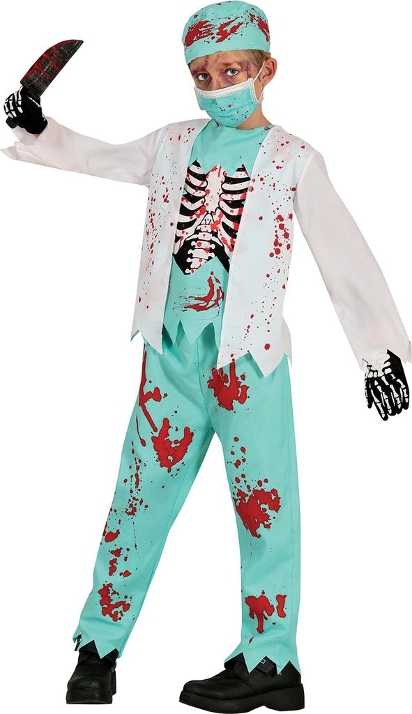 Zombie Arzt Skelett Halloween Kostüm Blutig Chirurg Kinder Grusel Party, Größe: 110/116 Farbe: Blau