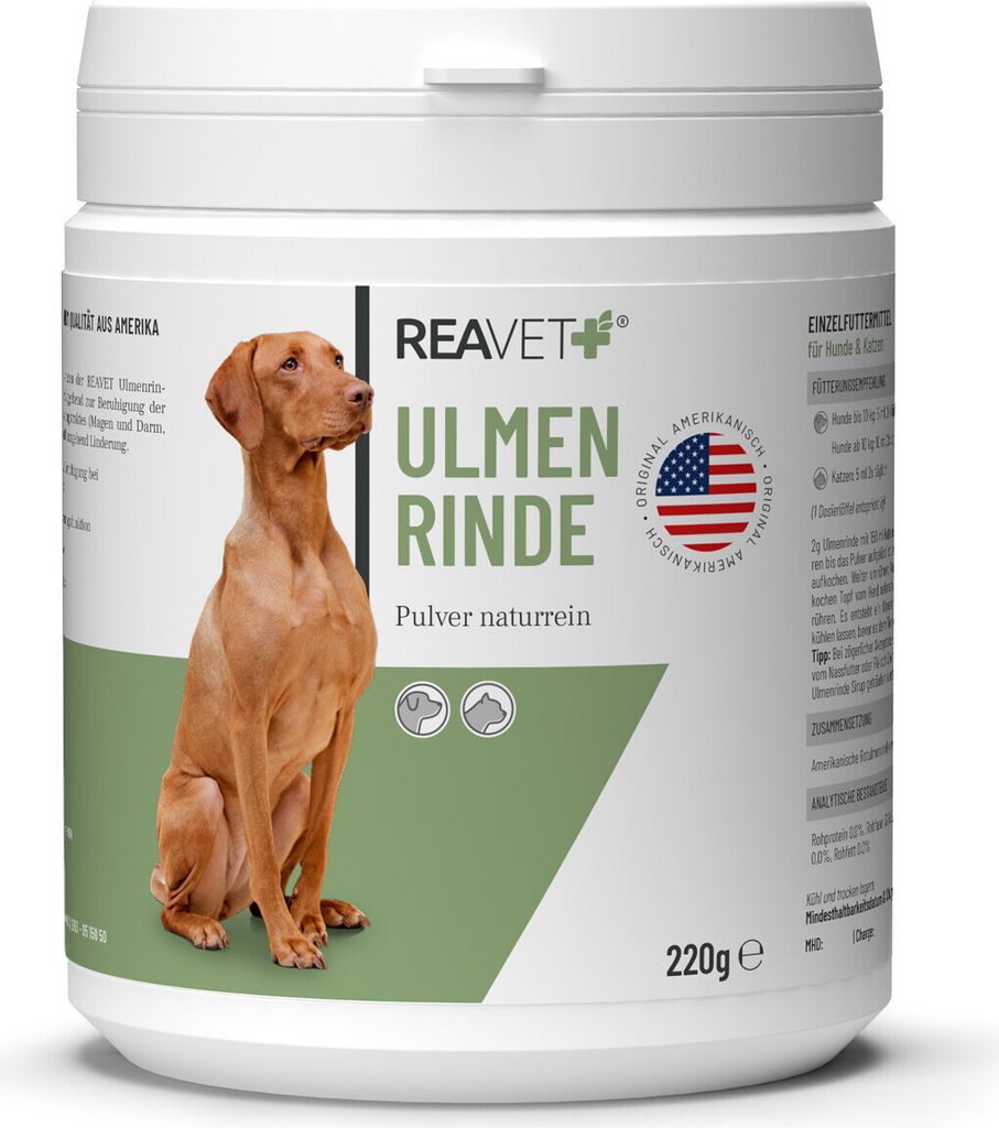 REAVET Ulmenrinde Pulver Amerikanisch für Hunde & Katzen 220g – Natürlich für Magen und Darm, Durchfall Pulver für Hund Katzen, gegen Verstop...
