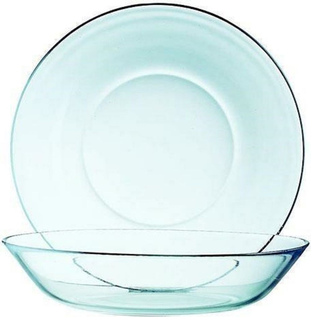 A clear glass plate and bowl are shown against a white background.