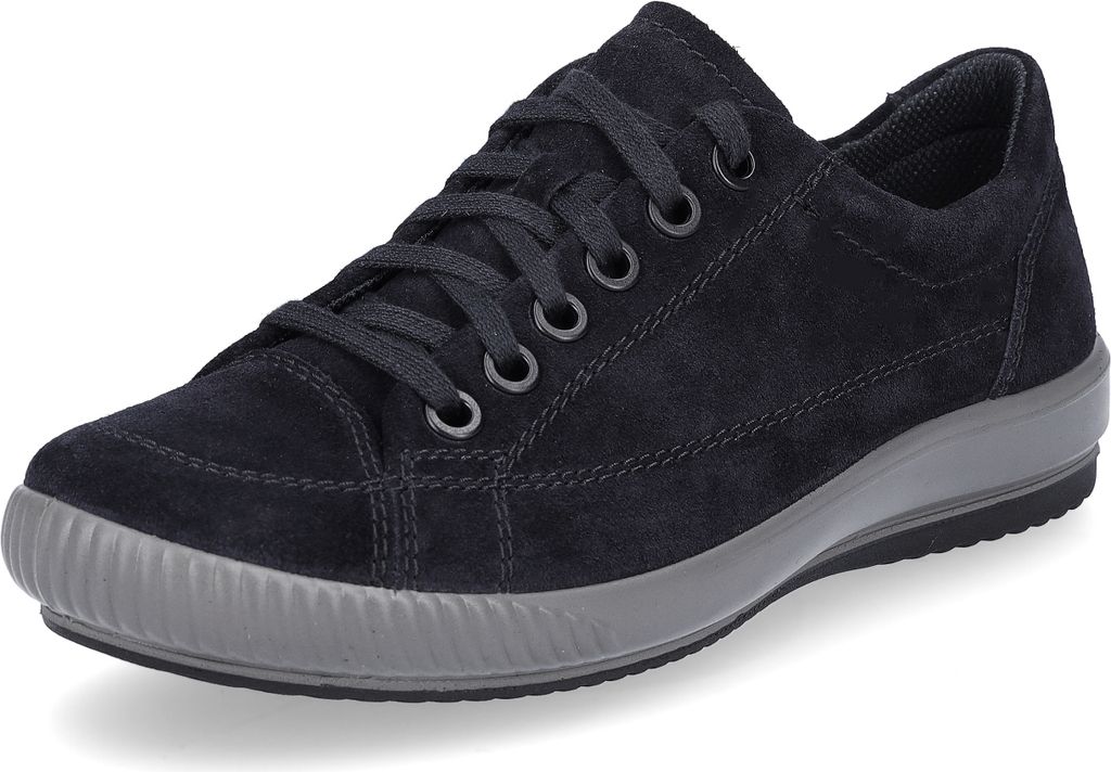 A single dark blue suede sneaker with a gray sole is shown against a white background.