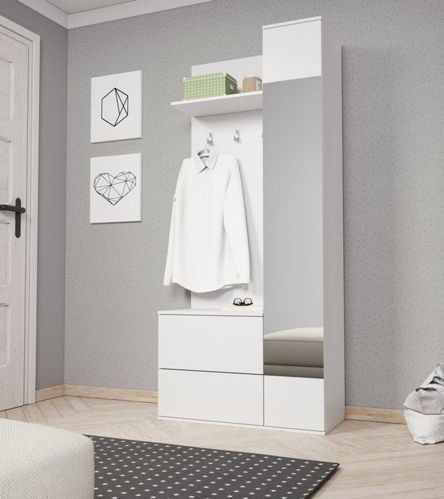 Garderobe – Garderobe mit Spiegel – Garderobe mit Schuhschrank – GREEN – 90 cm – Weiß – Flurgarderobe mit Drehtür und Haken – Moder...