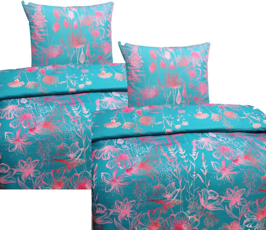 Mikrofaser Satin Bettwäsche Blumen 135x200 80x80 Set 2tlg. 4tlg. Hochwertig Blau Pink: 4 tlg.