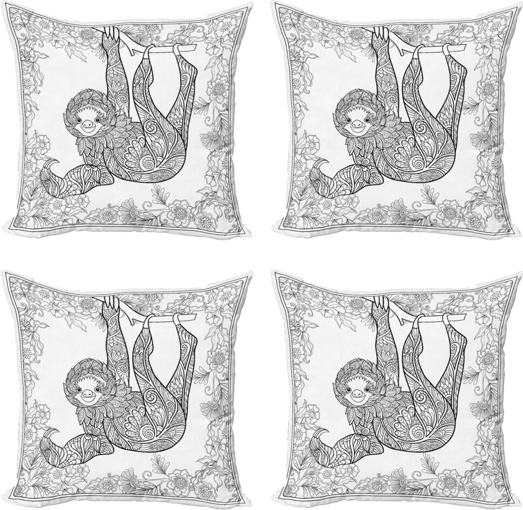 ABAKUHAUS Faultier Kissenbezug Set (4 Stück), Umrisszeichnung Jungle, Moderner Doppelseitiger Digitaldruck, 40 cm x 40 cm, Schwarz-Weiss