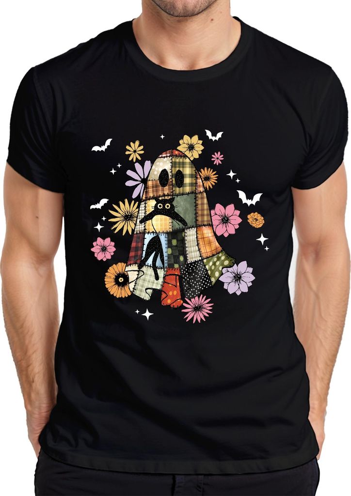 Halloween Geist Patchwork Katze Blumen Herbst Vintage Boho Sterne Herren T-Shirt, Schwarz, 3XL