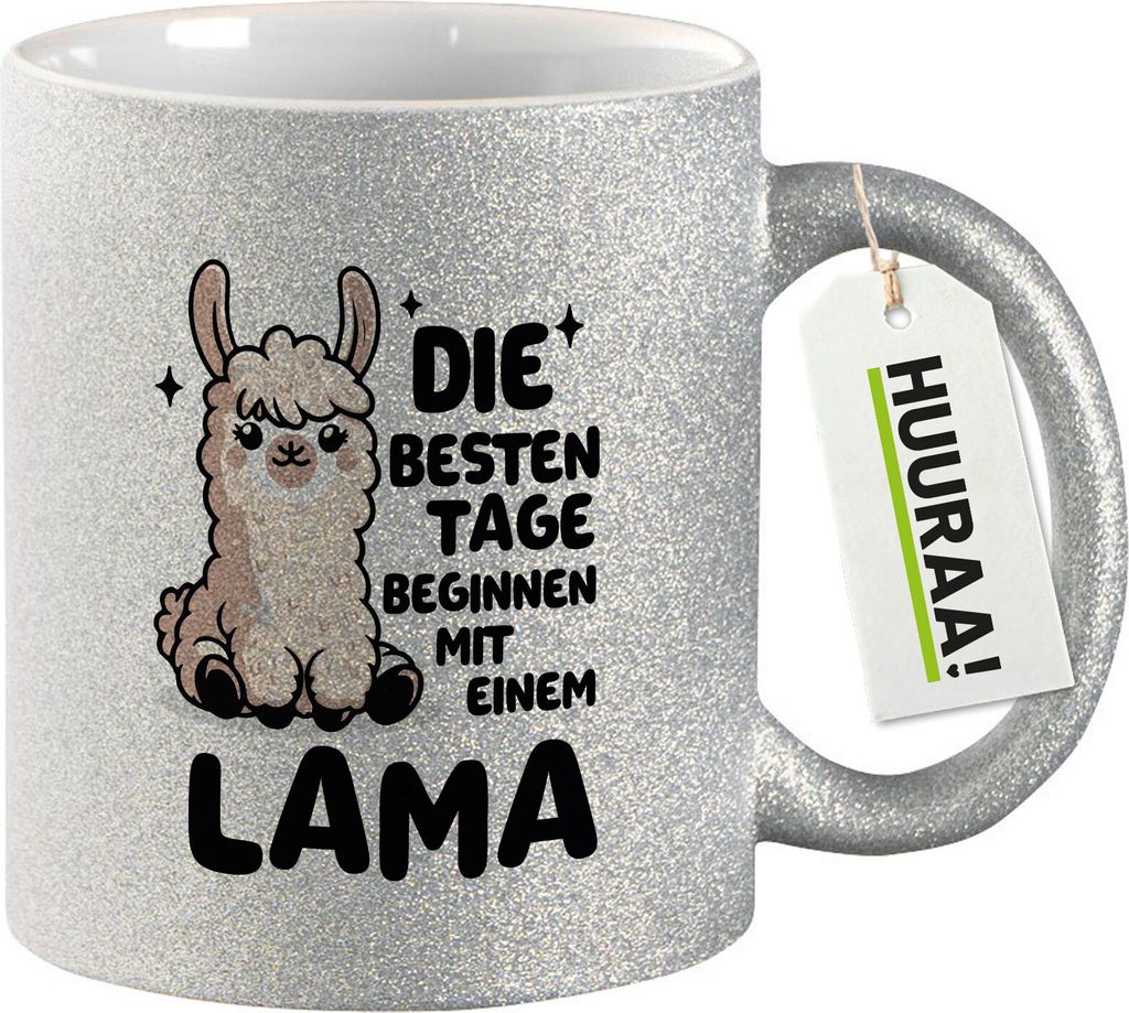 Huuraa Glitzertasse Besten Tage beginnen mit einem Lama 330ml Silber Keramik Kaffeebecher Geschenkidee