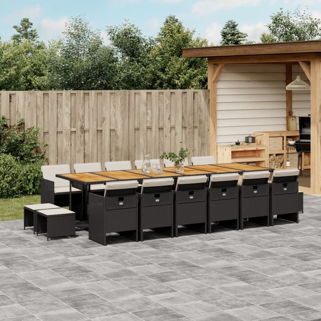 The Living Store 17-tlg. Garten-Essgruppe mit Kissen Schwarz Poly Rattan