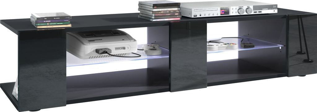 Vladon Lowboard Movie V2, TV-Kommode mit 6 offenen Fächern und Zierleisten, Schwarz matt/Schwarz Hochglanz, inkl. LED-Beleuchtung weiß (134 x 29 ...