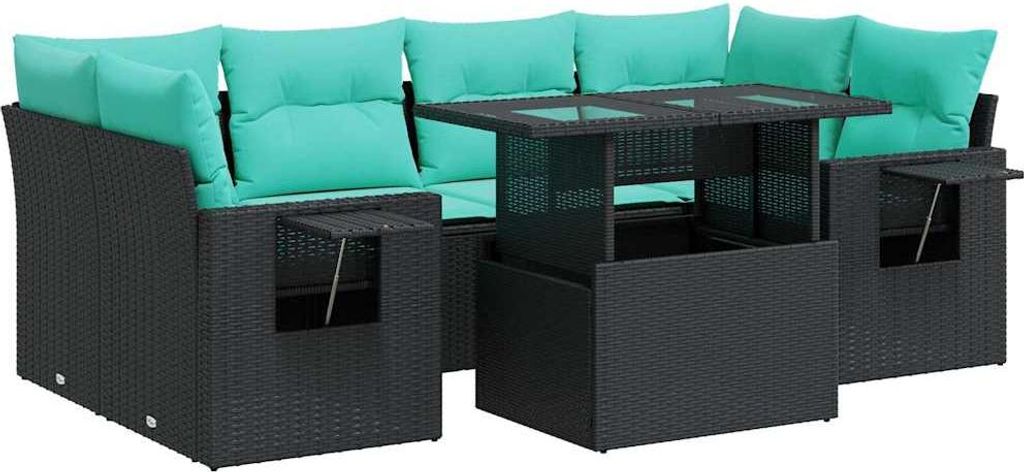 vidaXL 7-tlg. Garten-Sofagarnitur mit Kissen Schwarz Poly Rattan Akazie