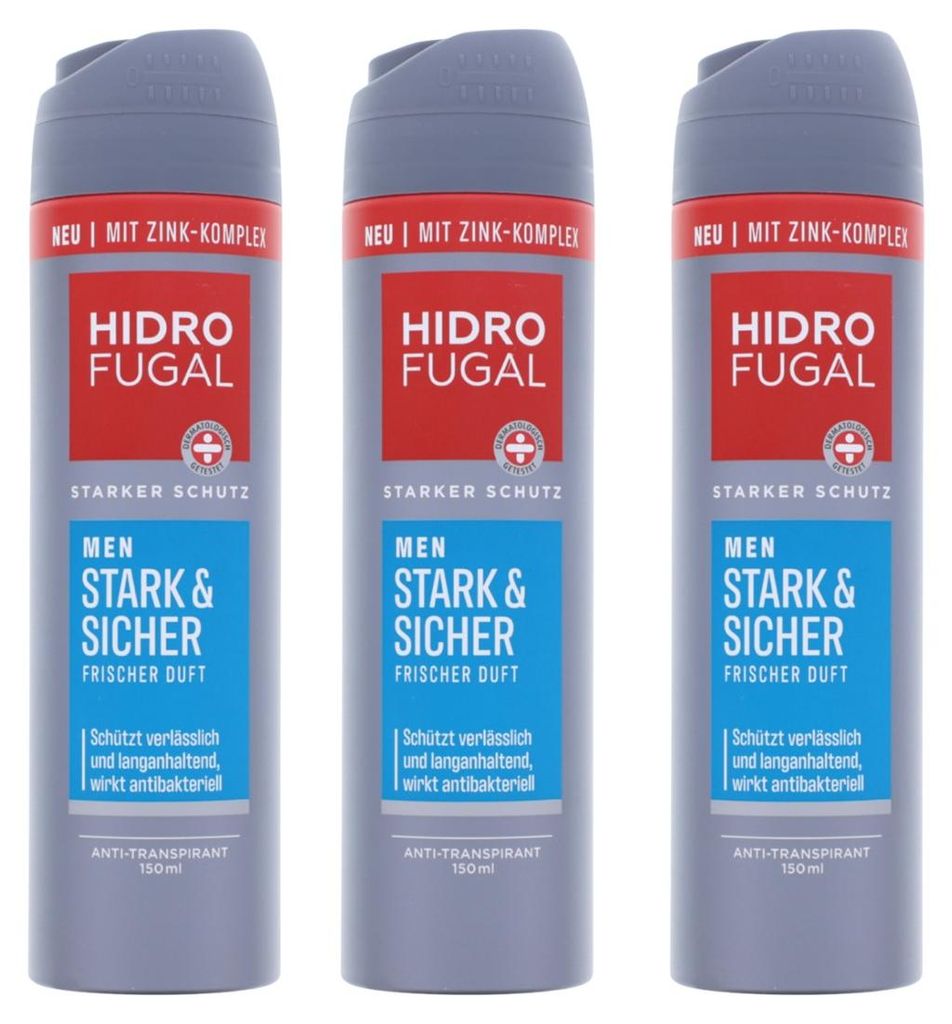 3 x Hidrofugal Men Stark & Sicher Deo Spray Frischer Duft Antibakteriell Anti-Transpirant je 150 ml
