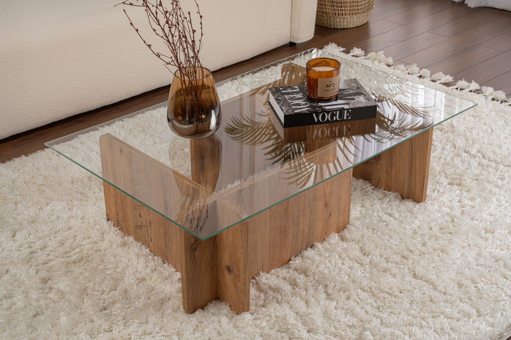 Skye Decor, Flavio - Atlantic Pine, Couchtisch, 100 % gehärtetes Glas, Atlantische Kiefer, 105 x 65 x 30 cm