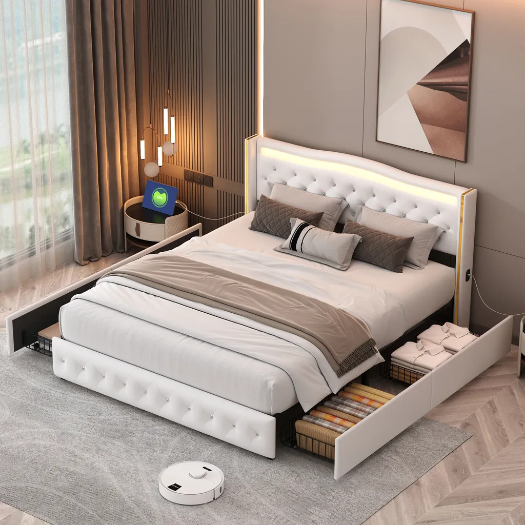 Lit complet 140x190 avec tiroirs de rangement et prises pour smartphone