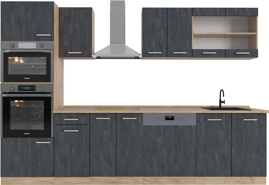 Küchenzeile Vicco R-Line Schwarz Beton/Goldkraft Eiche 300 cm ohne Arbeitsplatte, Model 47355