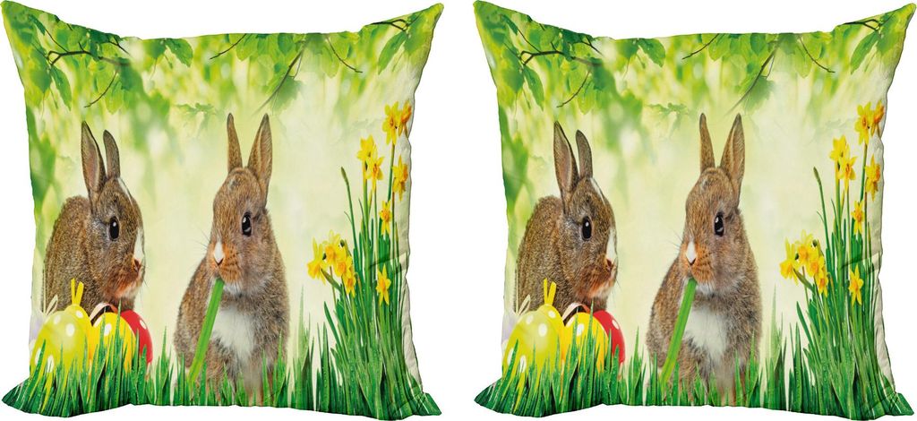 ABAKUHAUS Osterhase Kissenbezug Set (2Stück), Brown Litte Kaninchen Wiese Grünes Gras Frühlings-Ostern-Fotografie, 40 x 40 cm, Mehrfarbig Farngrün