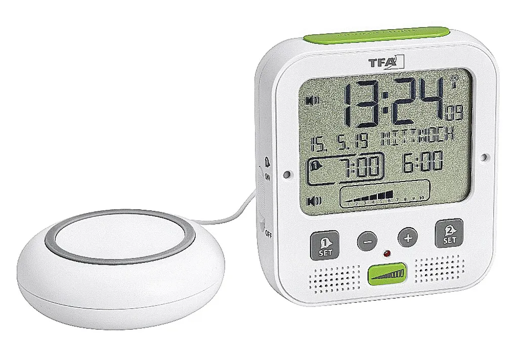 Réveil Radio-piloté Silencieux TFA Blanc avec Fonction Snooze et Date
